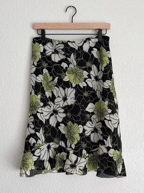 Floral Ruffle Hem Skirt in Black, White & Green